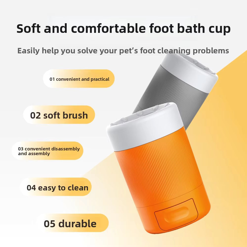 Pet Supplies Dog Paw Washer Cleaning Cup Orange and gray foot bath cup with text highlighting features on a yellow background