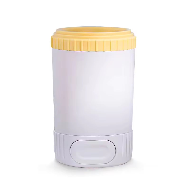 Pet Supplies Dog Paw Washer Cleaning Cup White cylindrical container with a yellow lid on a white background