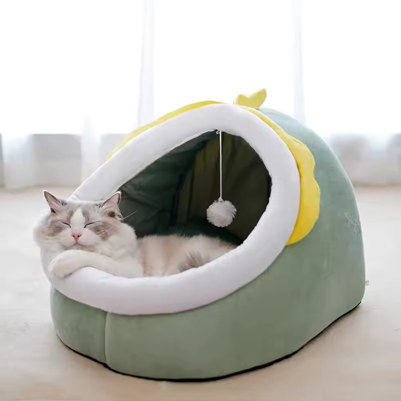 Pet Supplies Eco-Friendly 100% Cotton Pet Bed Cat lying inside a green pet bed with a yellow bow on a light wooden floor