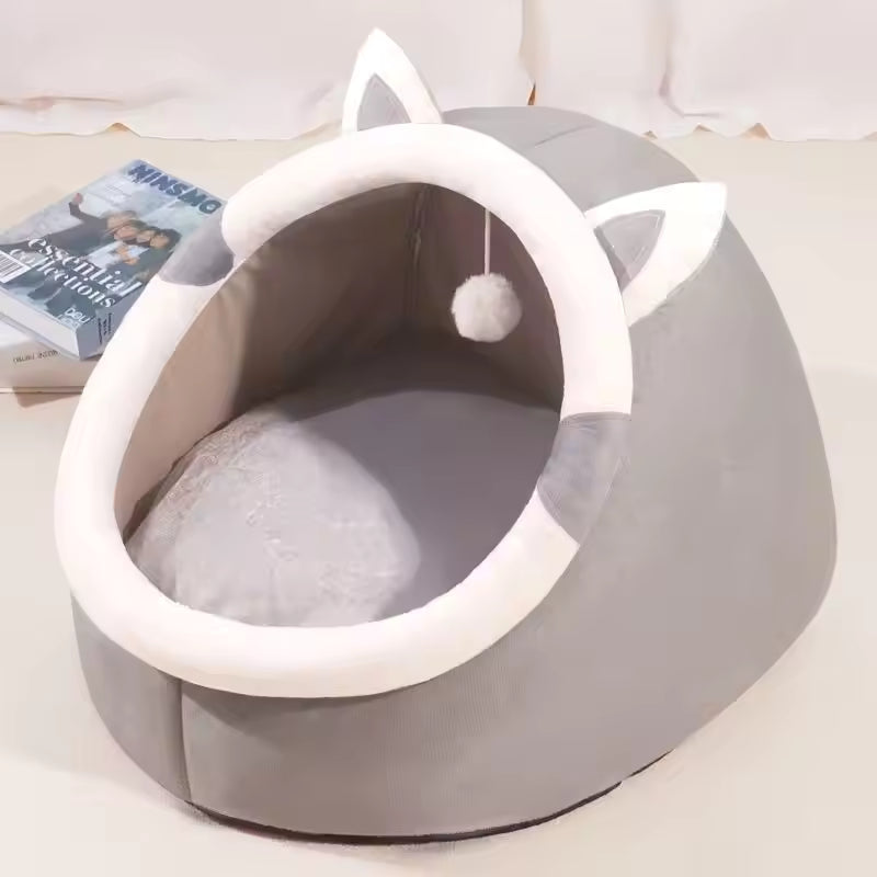 Pet Supplies Eco-Friendly 100% Cotton Pet Bed Gray pet bed with white cat ears and pom-pom on a light background