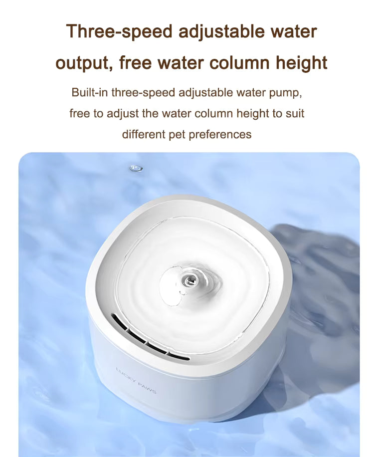 Pet Supplies Eco-Friendly Electric Automatic Pet Water Dispenser Pet water fountain with text about adjustable water output and height