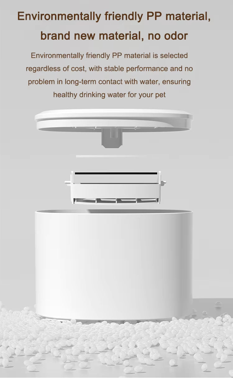 Pet Supplies Eco-Friendly Electric Automatic Pet Water Dispenser White pet water dispenser with text about environmentally friendly PP material on a gray background