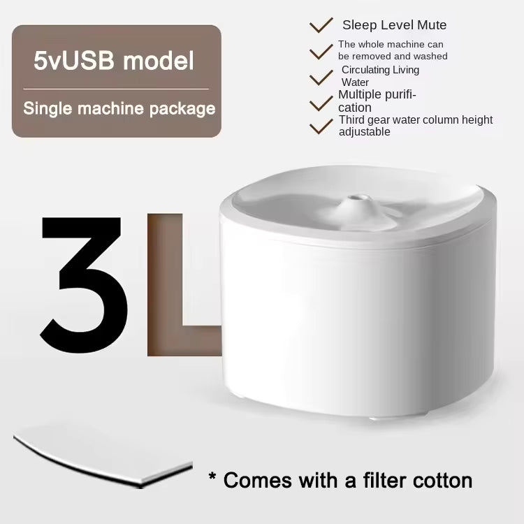 Pet Supplies Eco-Friendly Electric Automatic Pet Water Dispenser White pet water fountain with features listed on a white background