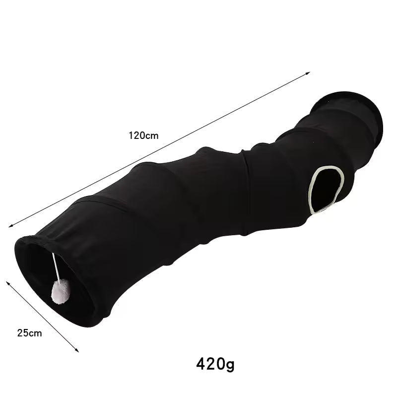Pet Supplies Eco-Friendly Suede Cat Tunnel Toy Black cylindrical object with measurements and weight on a white background
