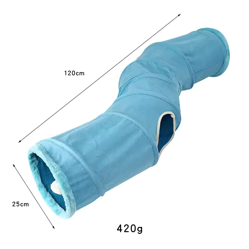 Pet Supplies Eco-Friendly Suede Cat Tunnel Toy Blue tunnel toy with measurements and weight on a white background