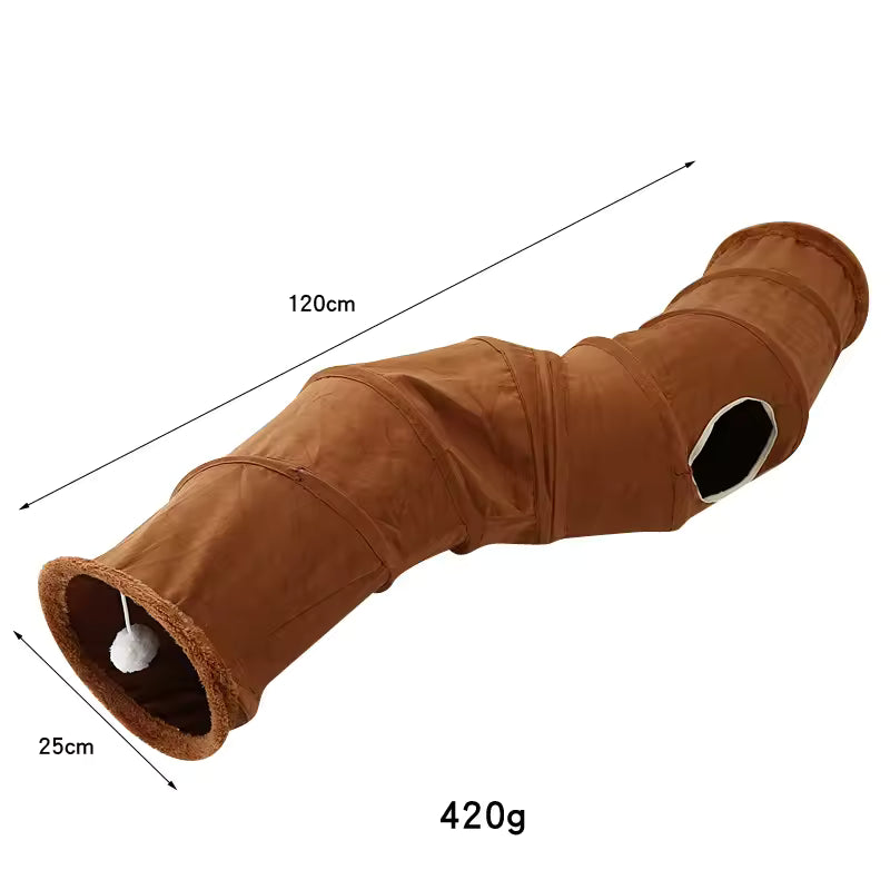 Pet Supplies Eco-Friendly Suede Cat Tunnel Toy Brown pet tunnel with measurements and weight on a white background