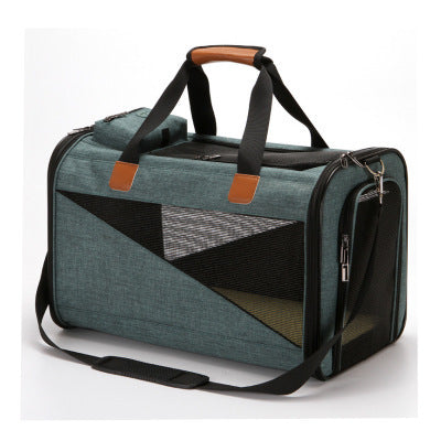 Pet Supplies Fashionable Folding Pet Bag A green and blue folding pet bag with a geometric pattern, featuring a handle and a zipper.