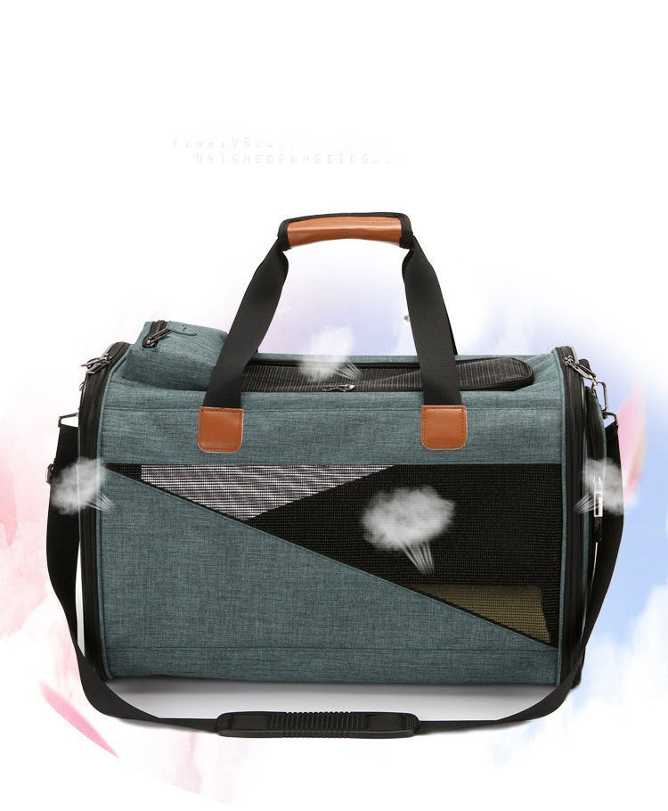Pet Supplies Fashionable Folding Pet Bag A green and blue folding pet bag with a geometric pattern, featuring a handle and a zipper on white background