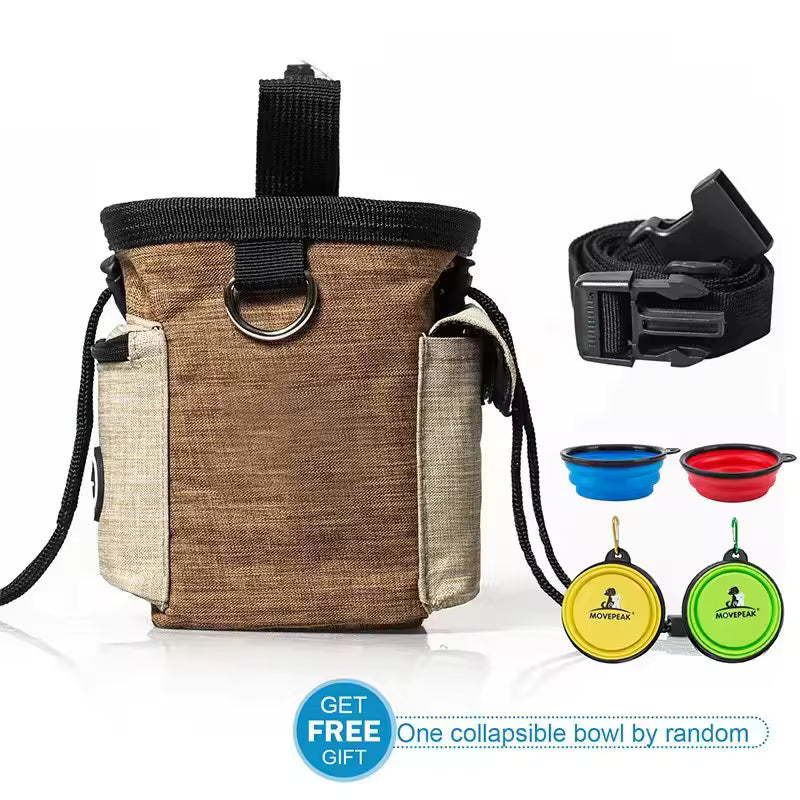 Pet Supplies GorisPet Waterproof Nylon Dog Treat Pouch Brown and beige pet training bag with black strap, free gift offer on a white background