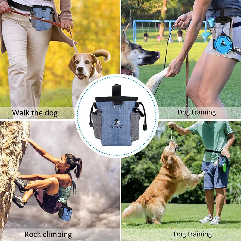 Pet Supplies GorisPet Waterproof Nylon Dog Treat Pouch  Collage of people using a dog training device in various activities including walking, training, and rock climbing