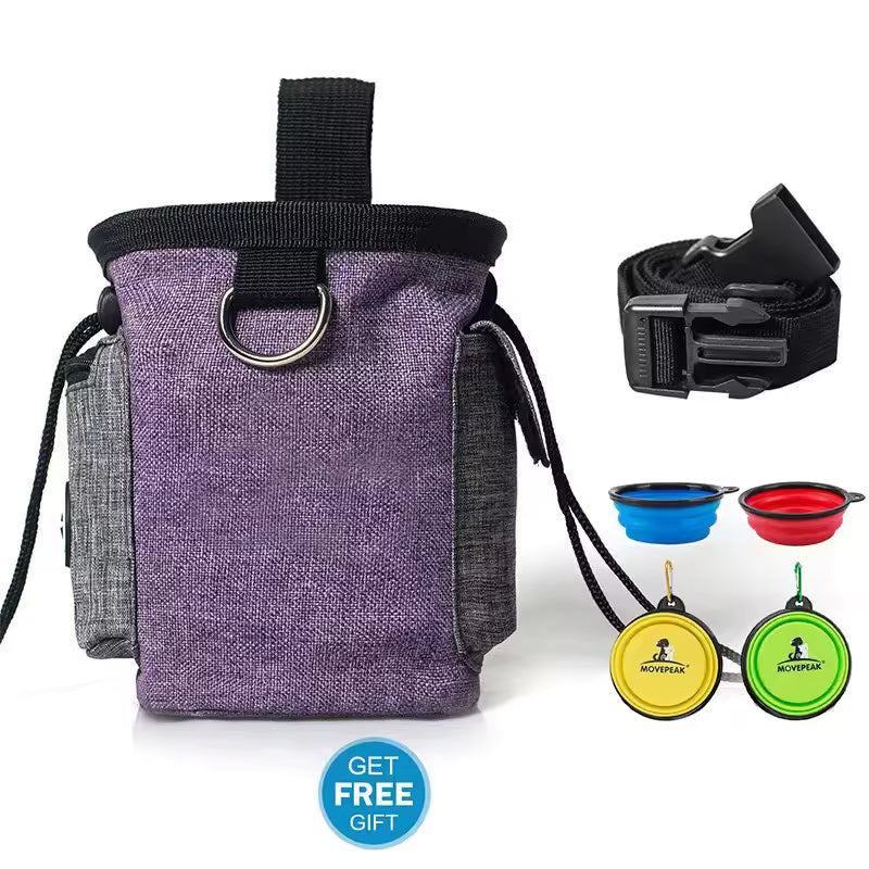 Pet Supplies GorisPet Waterproof Nylon Dog Treat Pouch Purple and gray pet accessory bag with a black belt and three colorful dog toys on a white background