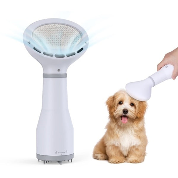 Pet Supplies Hair Dryer Grooming Dryer Slicker Brush A white pet hair dryer being used to dry the fur of a small brown and white dog.