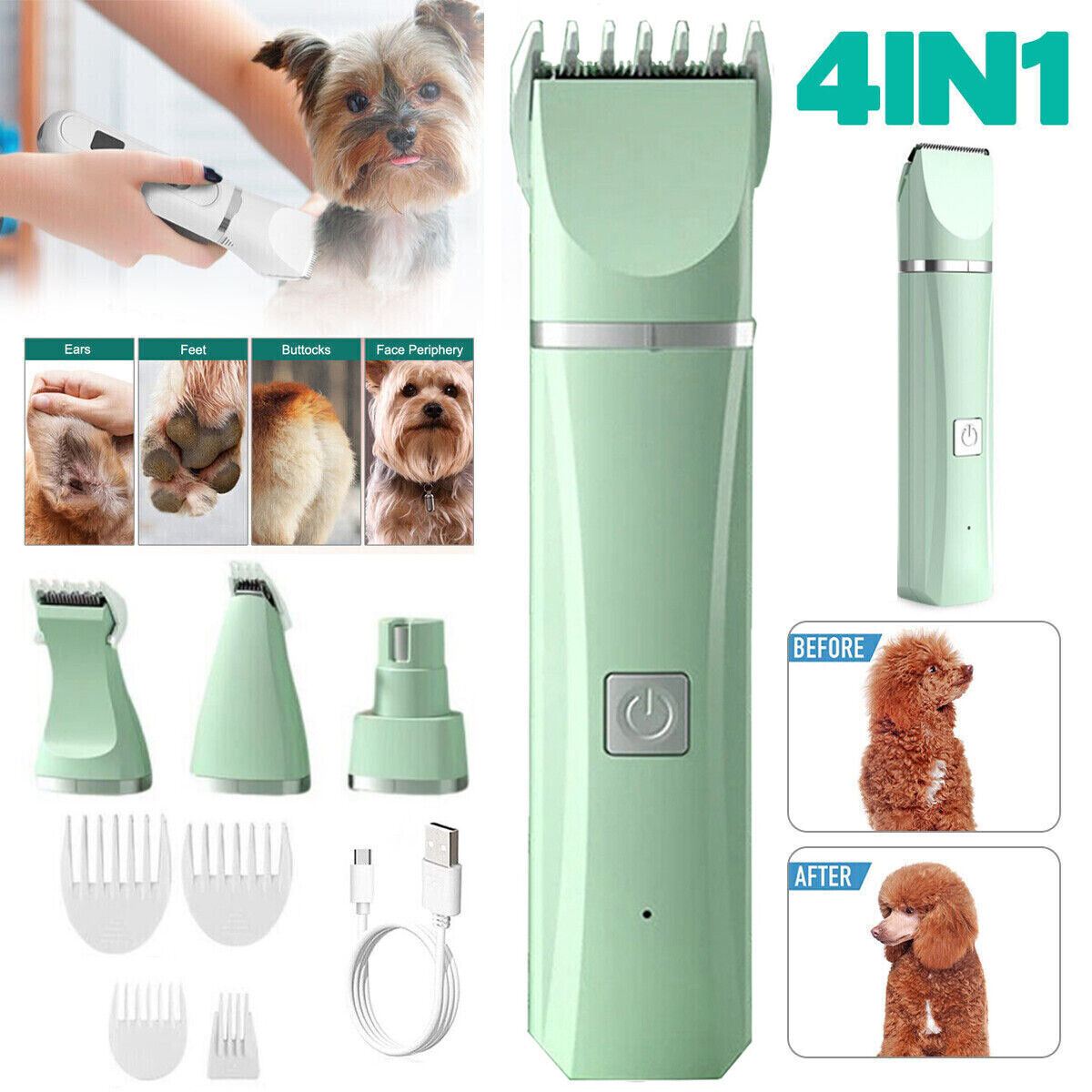 Pet Supplies 4X  Hair Grooming Cordless Trimmer Shaver Kit A green cordless trimmer shaver kit for pets, including the main trimmer unit, a charging base, a cleaning brush, and an attachment comb. Also shown is the product packaging box with a depiction of a dog and the text '4-in-1 Grooming Kit on with background