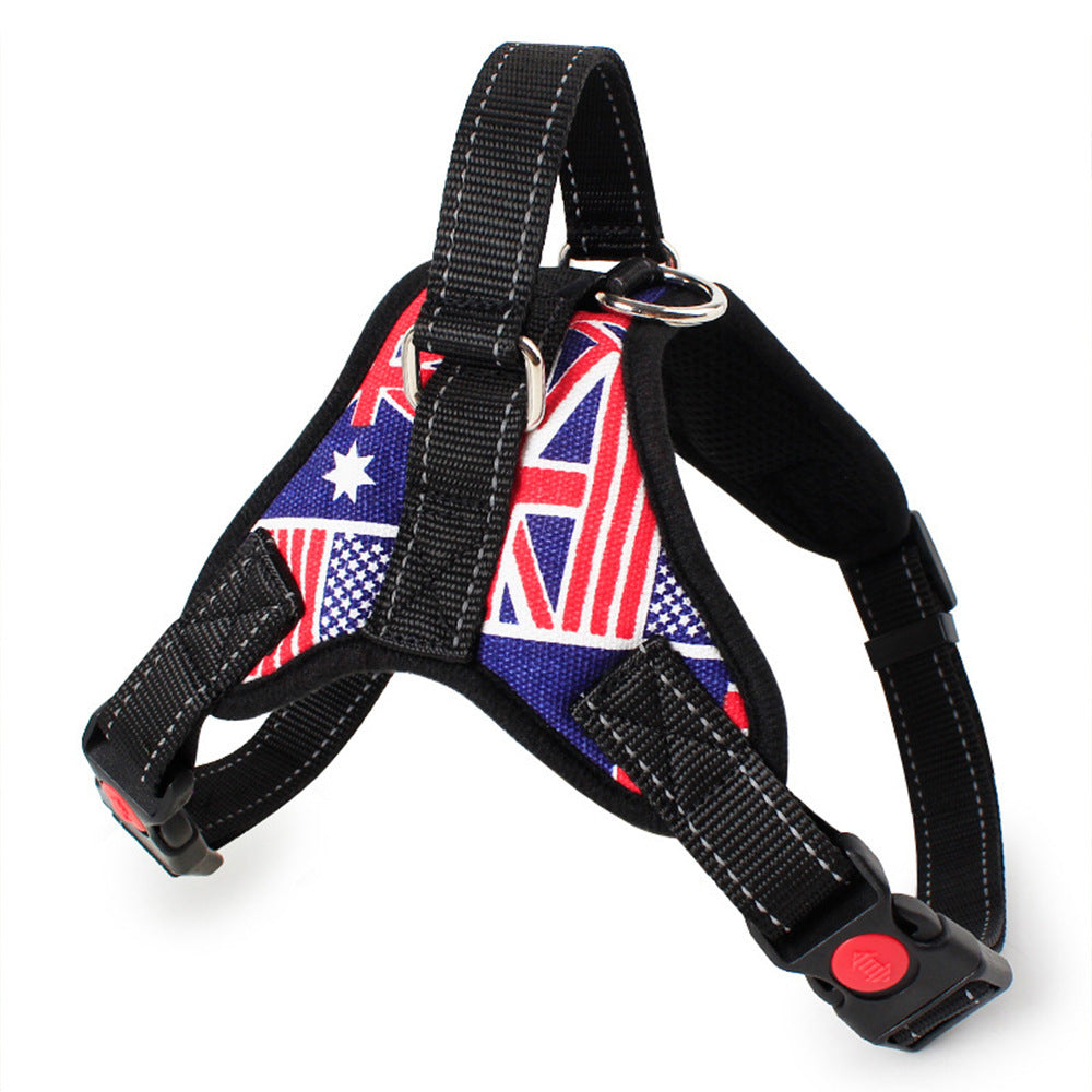 Pet Supplies Happy Pet Chest Harness A England flag design color and black pet chest harness with adjustable straps and a red buckle.