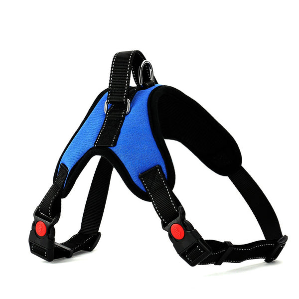 Pet Supplies Happy Pet Chest Harness A blue and black pet chest harness with adjustable straps and a red buckle.