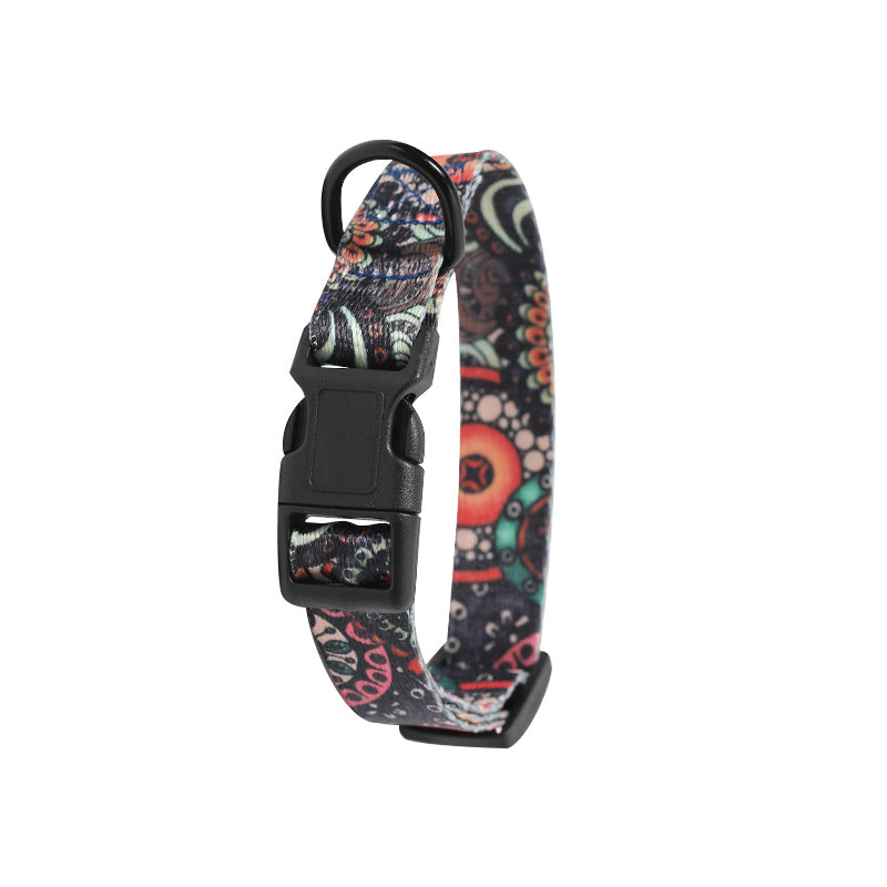 Pet Supplies Happy Pet Happy Dog Neck Collar A multicolored striped dog neck collar with a black plastic buckle and metal ring and a rolled a rolled belt medium size view on white background view in square display