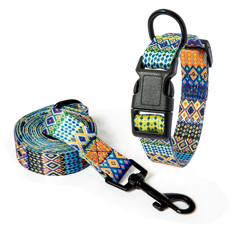 Pet Supplies Happy Pet Happy Dog Neck Collar A multicolored striped dog neck collar with a black plastic buckle and metal ring and a rolled a rolled belt standard size view on white background view