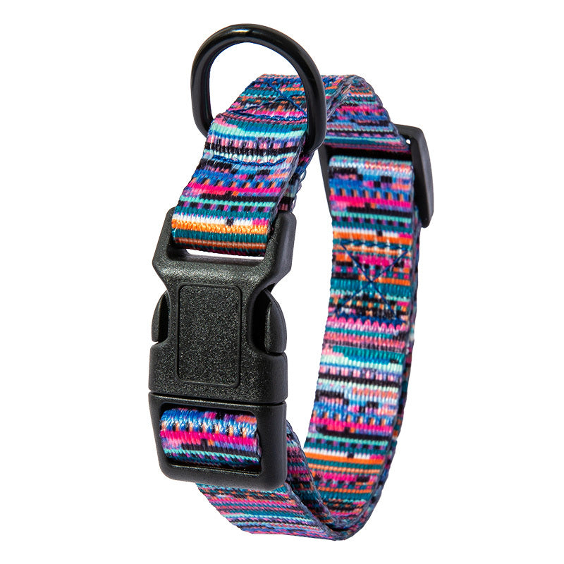 Pet Supplies Happy Pet Happy Dog Neck Collar A multicolored striped dog neck collar with a black plastic buckle and metal ring view on white background