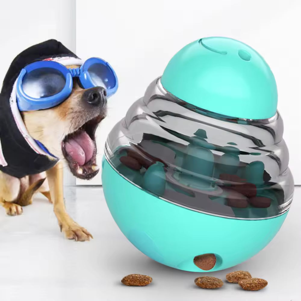 Pet Supplies Interactive Dog & Cat Treat Dispensing Toy Dog wearing goggles next to a teal pet toy with food inside
