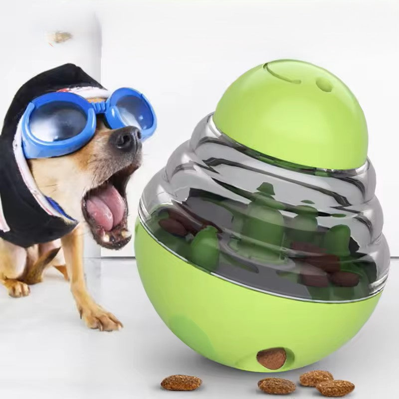 Pet Supplies Interactive Dog & Cat Treat Dispensing Toy Dog with goggles next to a green and silver ball-shaped pet toy