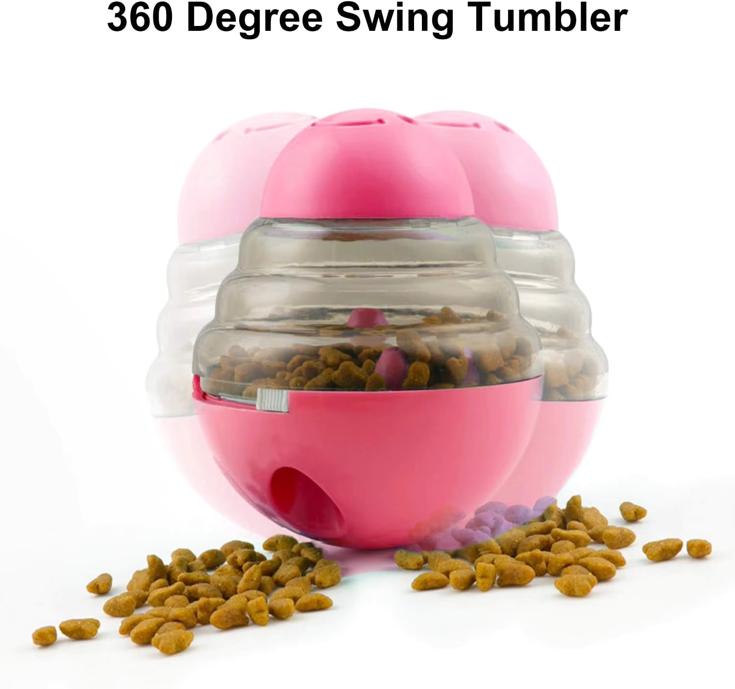 Pet Supplies Interactive Dog & Cat Treat Dispensing Toy Pink 360 Degree Swing Tumbler with pet food on a white background