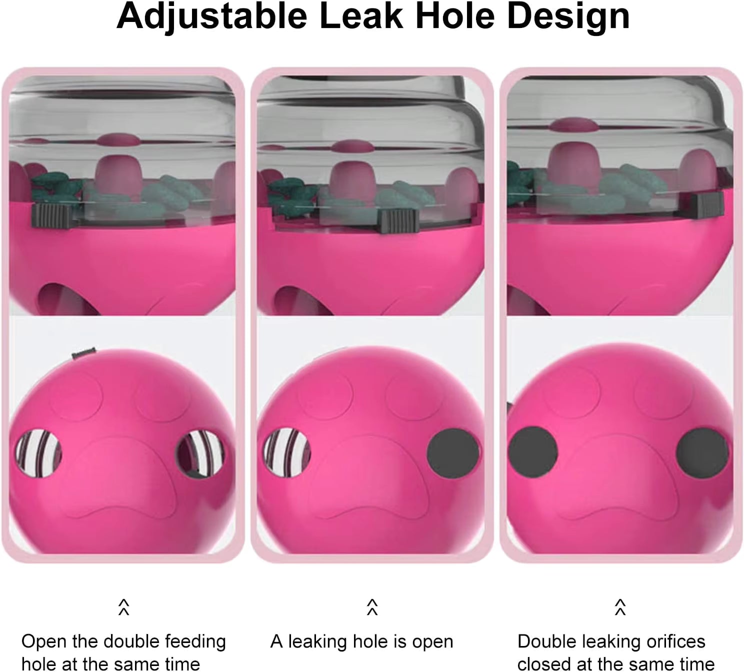 Pet Supplies Interactive Dog & Cat Treat Dispensing Toy Pink pet feeder with adjustable leak hole design shown in three stages.