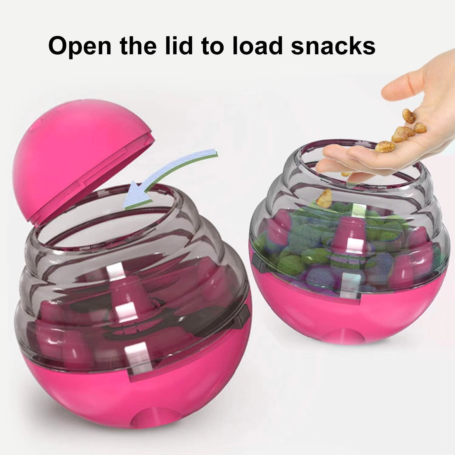 Pet Supplies Interactive Dog & Cat Treat Dispensing Toy Pink pet toy with transparent lid being opened to load snacks