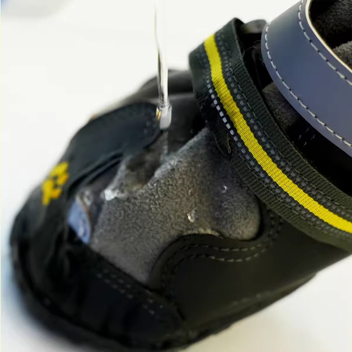 Pet Supplies Lovoyager Classic Leather Dog Shoes Close-up of a black sandal with yellow accents on a white background