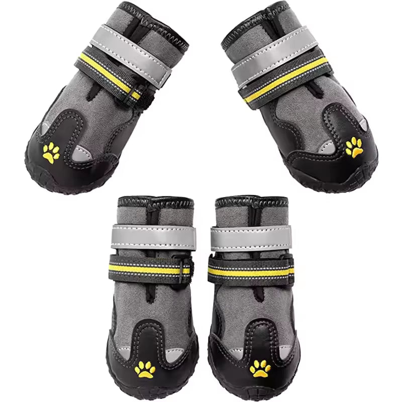 Pet Supplies Lovoyager Classic Leather Dog Shoes Set of four gray and black pet boots with yellow accents on a white background