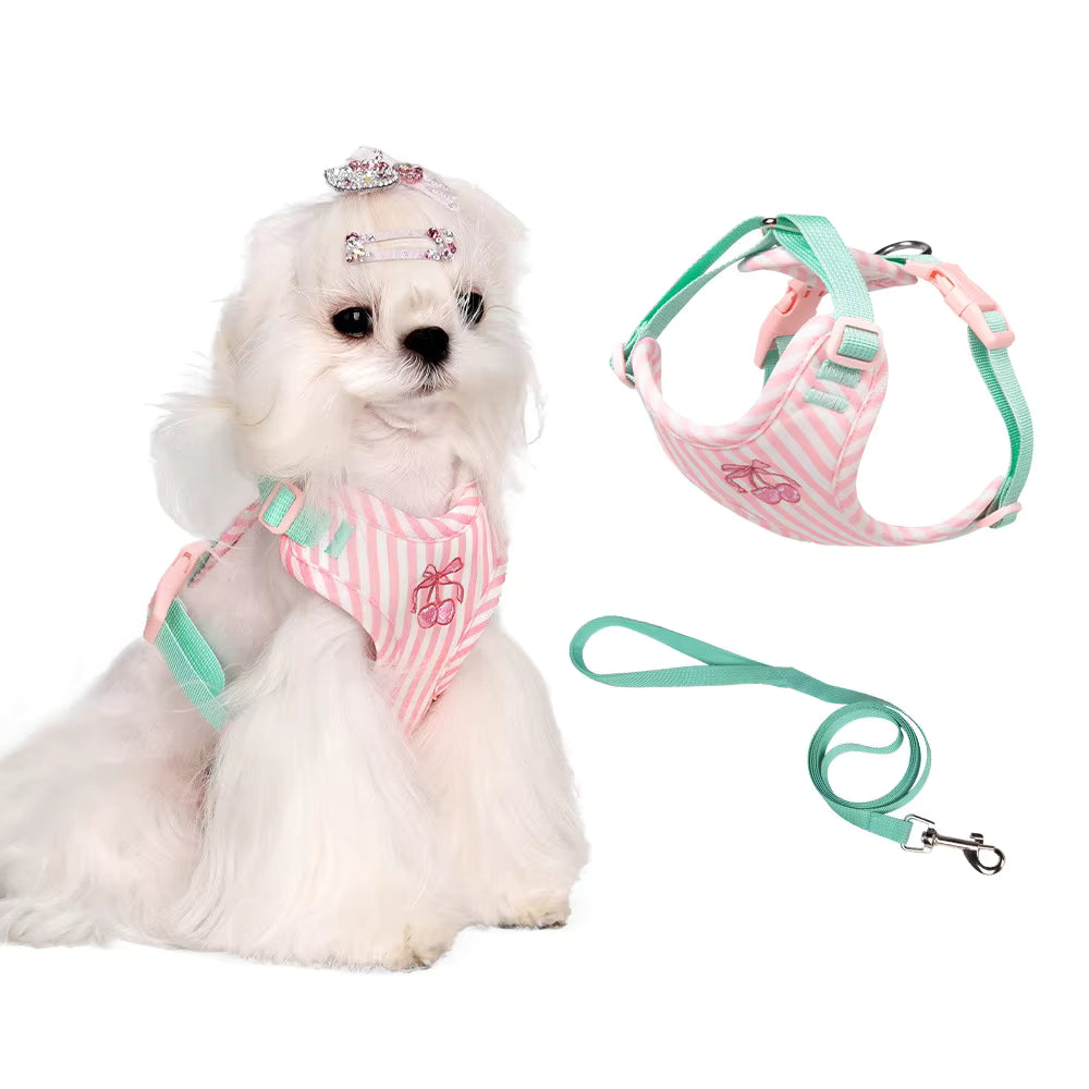 Pet Supplies Nunbell Cute Eco-Friendly Pet Harness White dog wearing a pink and green striped harness with a matching leash on a white background