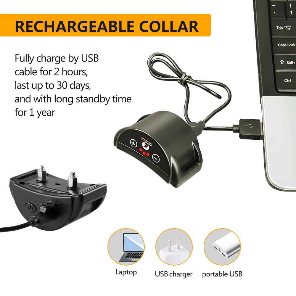 Pet Supplies Paipaitek Adjustable Dog Trainer Collar Rechargeable collar with USB cable, laptop, and USB charger icons on a white background.