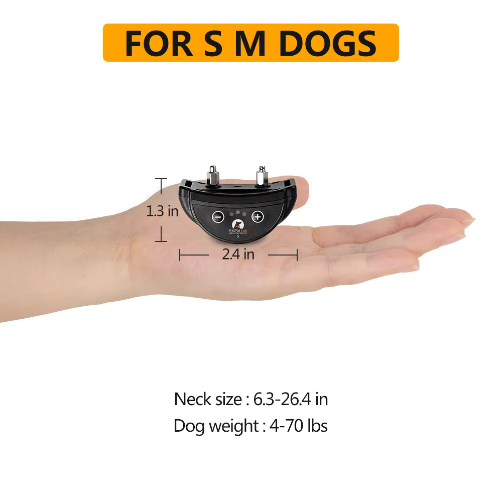 Pet Supplies Paipaitek Adjustable Dog Trainer Collar Small electronic device held in a hand with measurements and size information for small dogs.