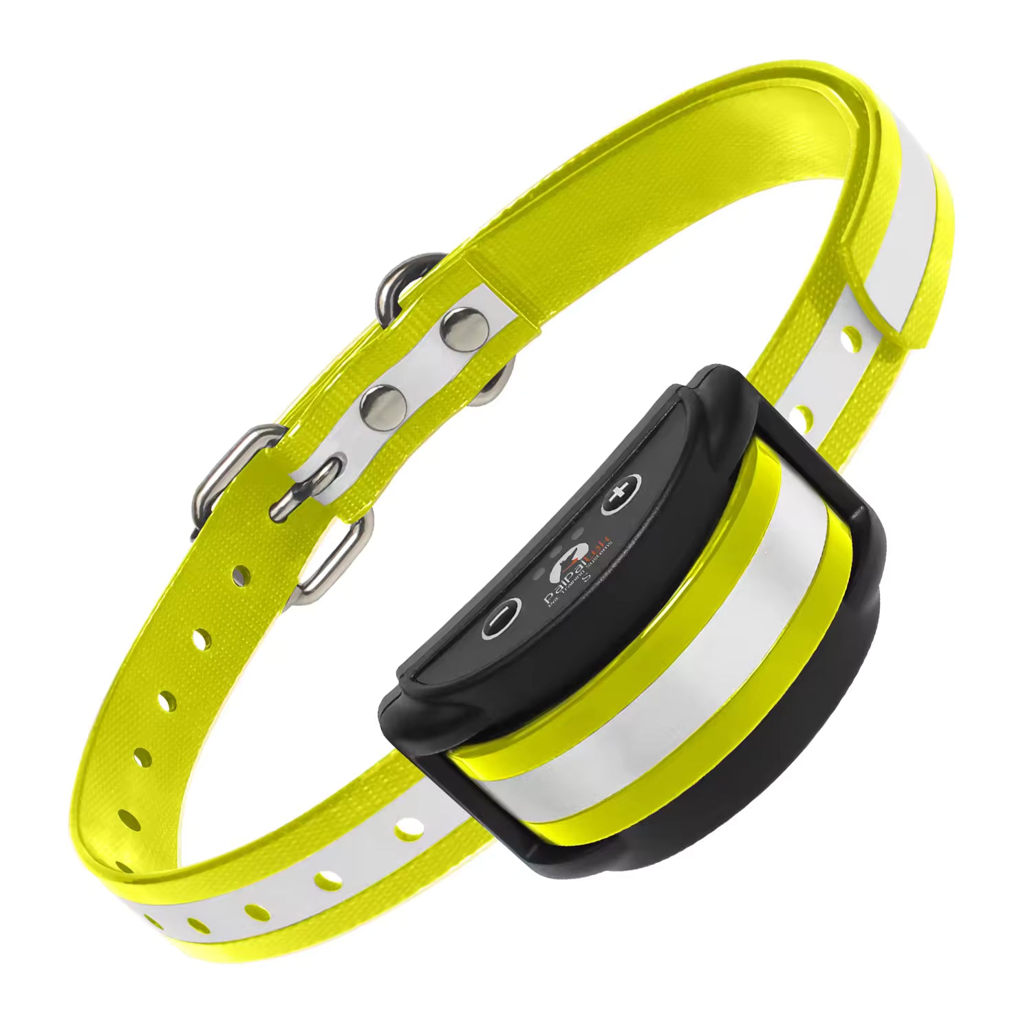 Pet Supplies Paipaitek Adjustable Dog Trainer Collar Yellow and white dog collar with a black electronic device on a white background