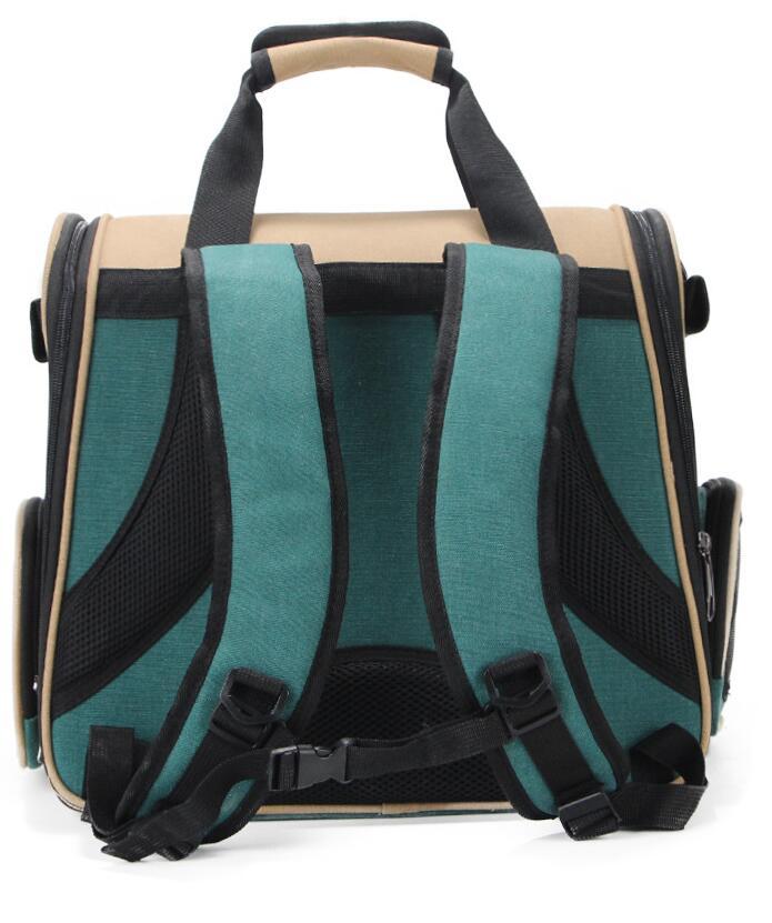 Pet Supplies Pet Bag Backpack Space Bag. The backpack is dark green in color with beige accents and features carry handles and side pockets with white background