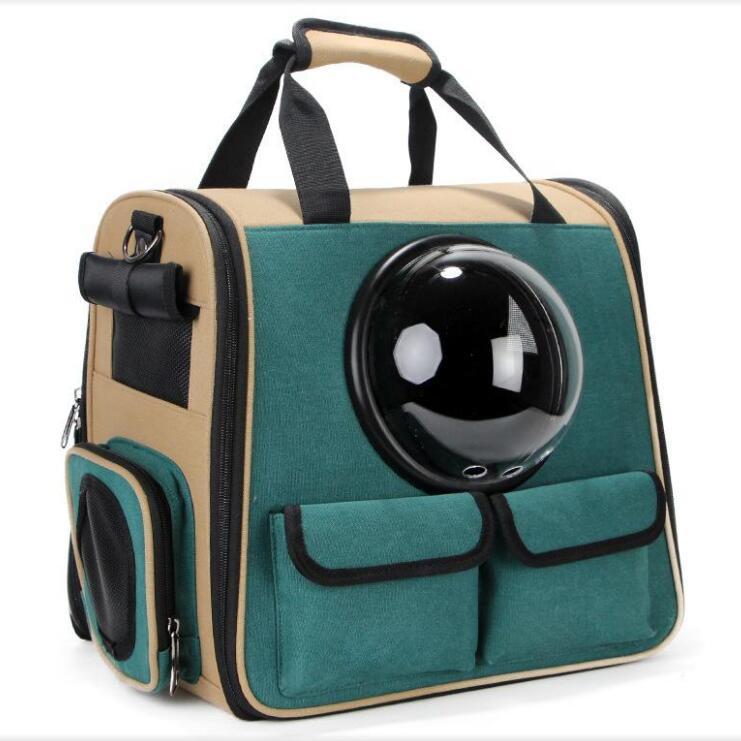 Pet Supplies Pet Bag Backpack Space Bag. The backpack is dark green in color with beige accents and features carry handles and side pockets with white background side view