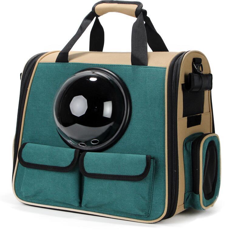 Pet Supplies Pet Bag Backpack Space Bag A pet bag backpack with a space capsule. The backpack is dark green in color with beige accents and features carry handles and side pockets.