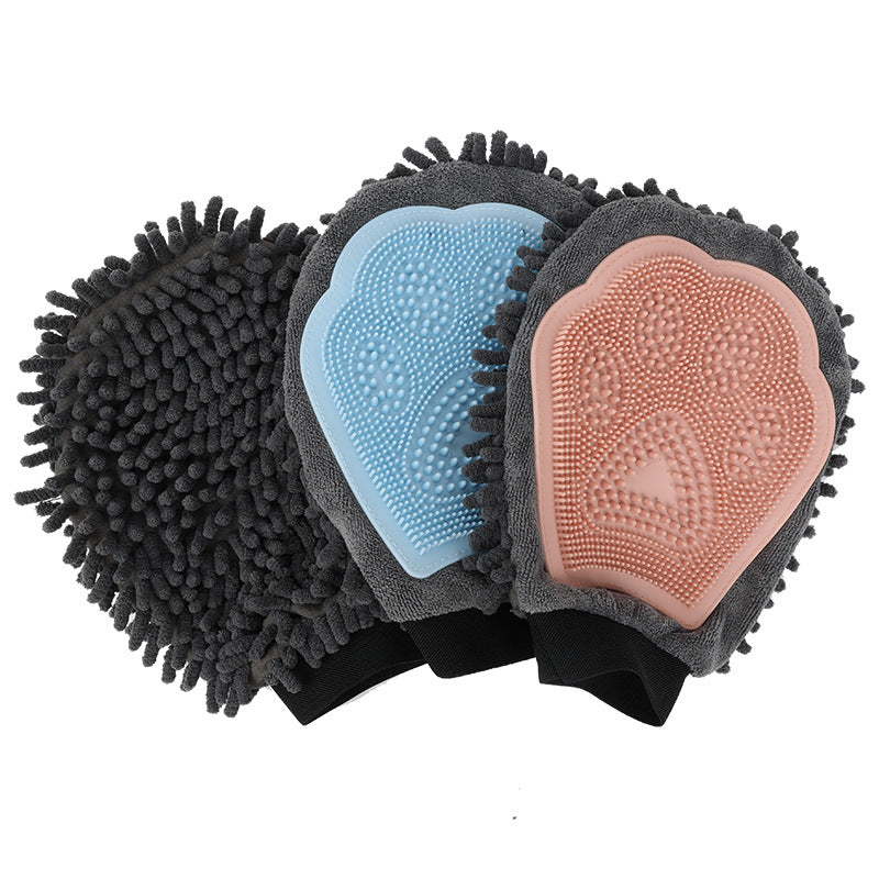 Pet Supplies Pet Bathing  2-in-1 Grooming Gloves A green and pink  pet grooming gloves with bristles on the palm side for brushing fur and a padded surface on the other side for petting