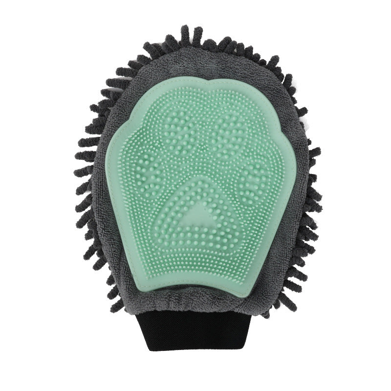 Pet Supplies Pet Bathing  2-in-1 Grooming Gloves A green pet grooming gloves with bristles on the palm side for brushing fur and a padded surface on the other side for petting