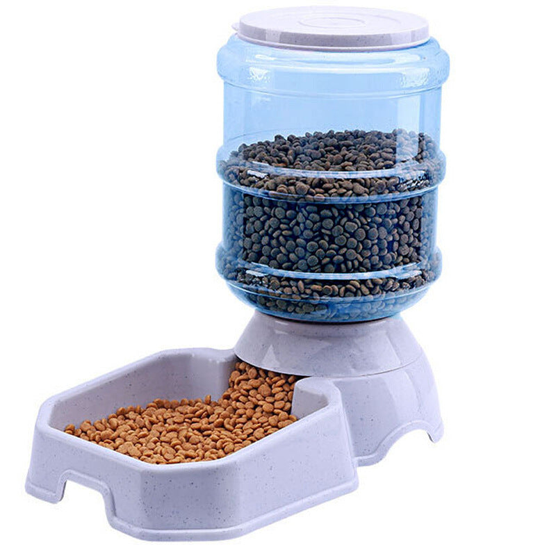 Pet Supplies Pet Container Food Feeder with brown feed coming from the container to the feeder