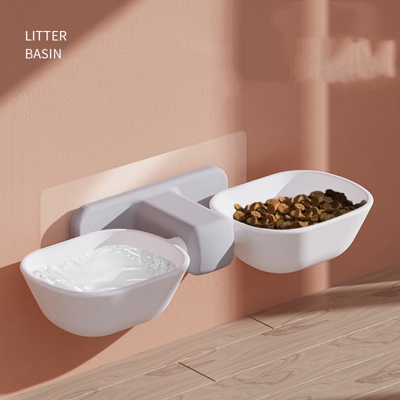 Pet Supplies Pet Double Bowl Feeder A white double pet bowl with adjustable height with feed inside, set against a beige background 