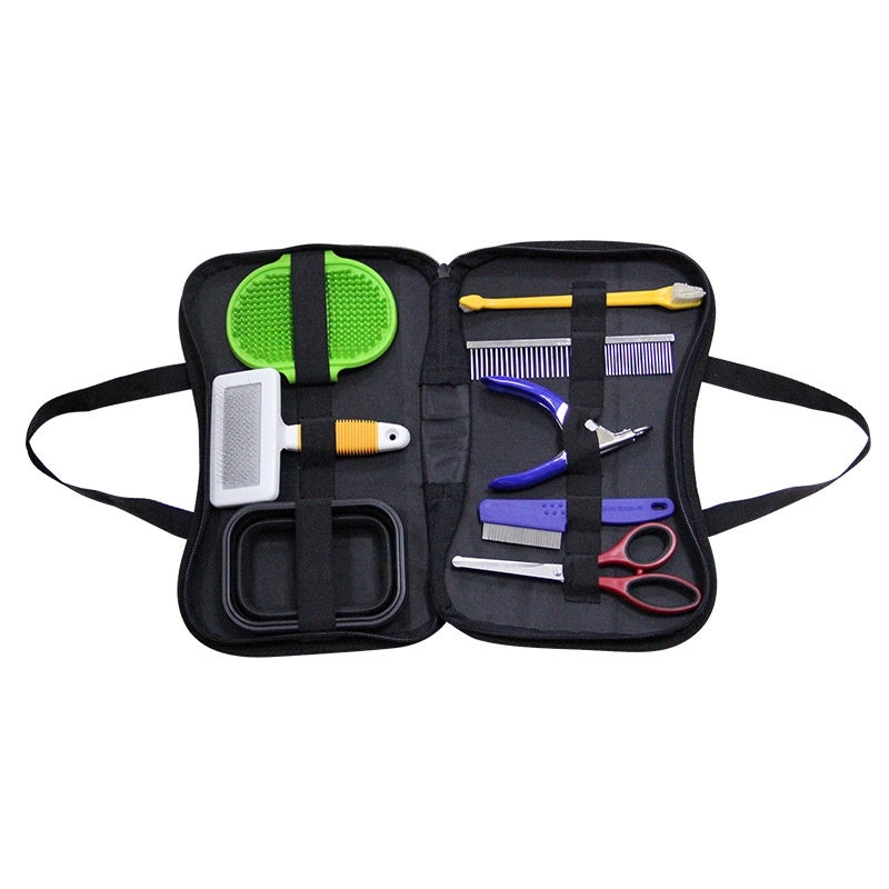  Pet Supplies Pet Grooming Tools Set A pet grooming tools set including a brush, scissors, a comb, and other accessories, primarily in black color.