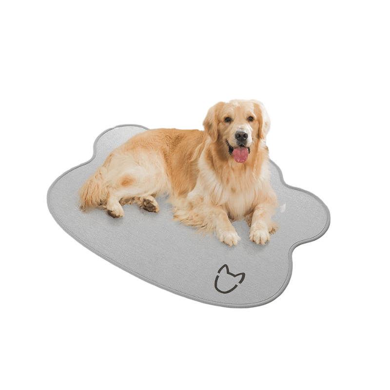 Pet Supplies Pet Ice Cooling Mat A round, gray pet ice cooling mat with a cat silhouette on the bottom right corner with a dog lying on it