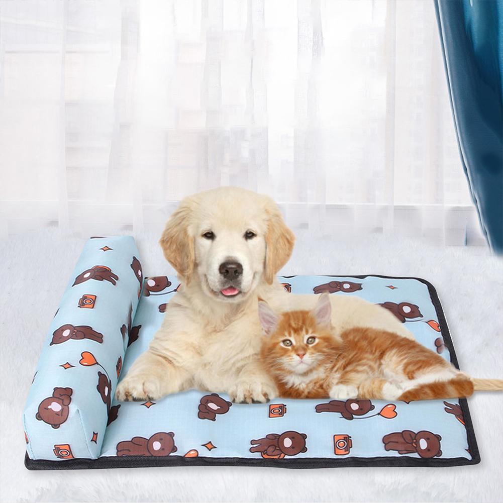 Pet Supplies Pet Pillow Mat Dog Multicolor Ice Pad a rectangular pet pillow mat with a multicolor design featuring various cartoonish animals, placed on a flat surface include a dog and cat lying on it