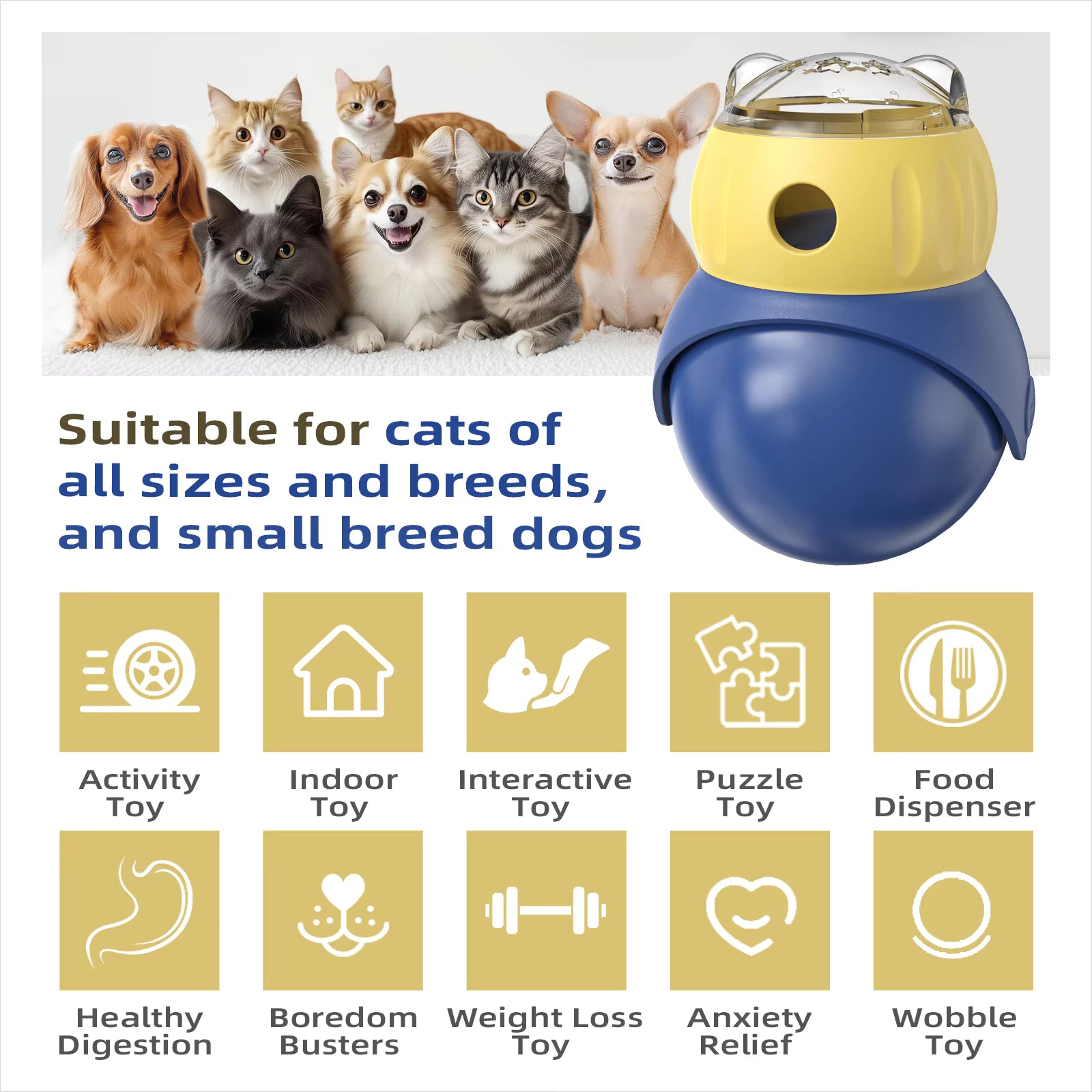 Pet Supplies Pet toy with text and icons indicating its features suitable for cats and small dogs.