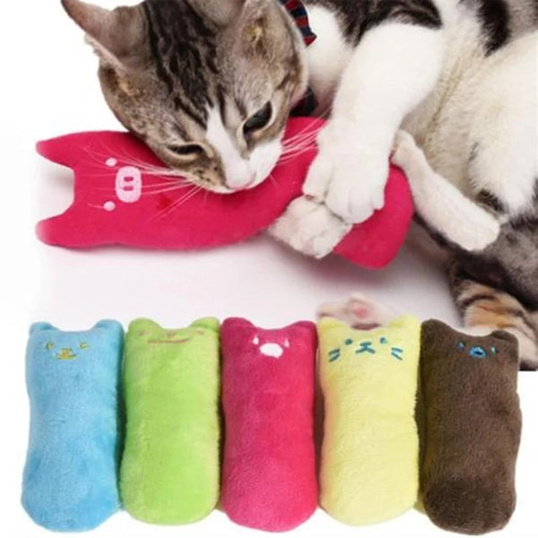 Pet Supplies Pillow Interactive Cat Toy A series of colorful plush cat toys in various colors, with one catnip plush toy being interacted with by a cat.