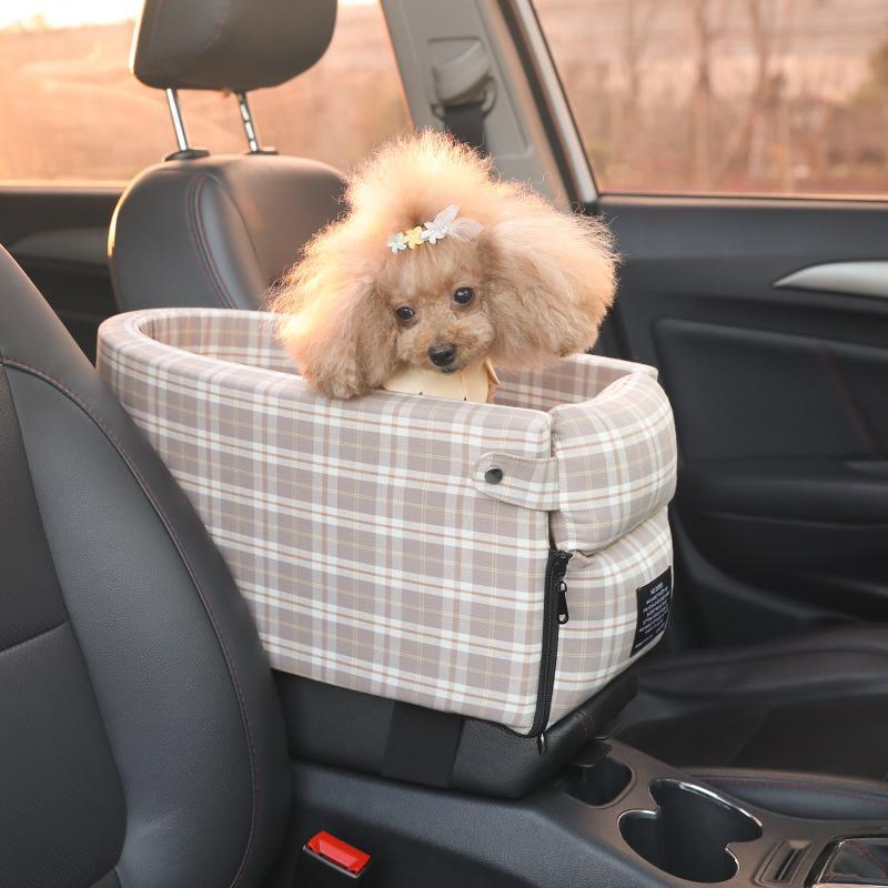  Pet Supplies Portable Pet Dog Carrier, white and brown color in a car