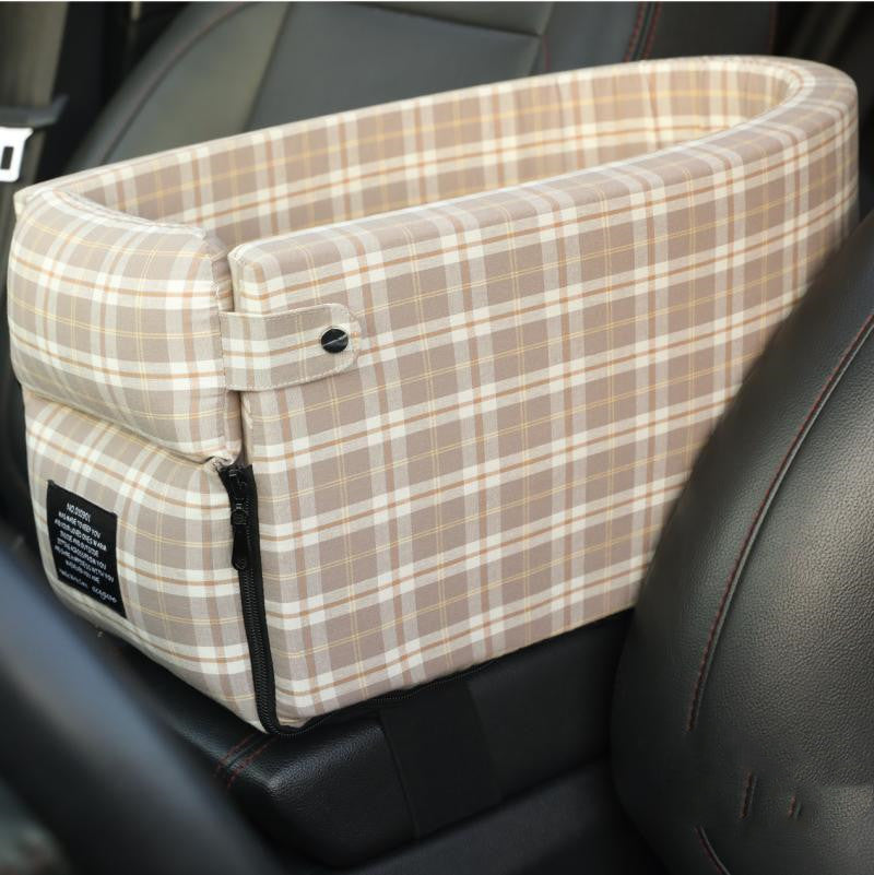 Pet Supplies Portable Pet Dog Carrier, white and brown color in a car, between the car set