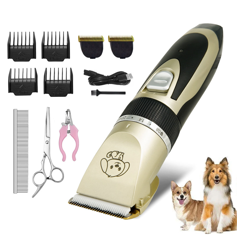 Pet Supplies Professional Pet Dog Hair Trimmer A Professional Pet Dog Hair Trimmer with accessories including combs, a USB cable, lubricant, and a cleaning brush, displayed alongside two dogs.