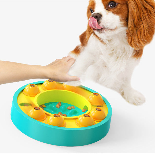 Pet Supplies Puzzle Toys Slow Feeder with green and yellow color, with a dog and hand of someone touching the dog