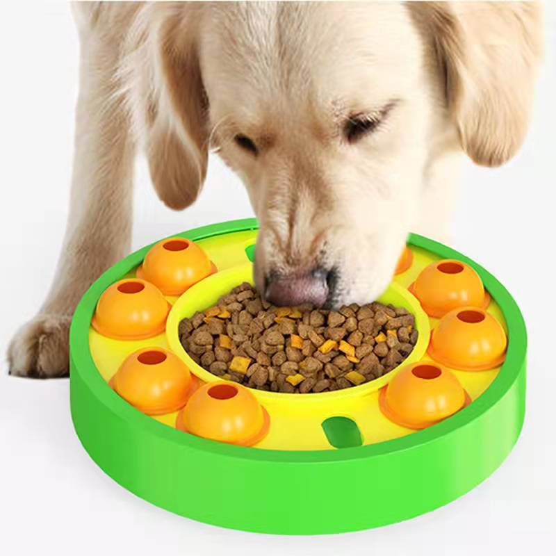 Pet Supplies Puzzle Toys Slow Feeder with green and yellow color, with a dog eating from it